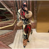 Vintage Ethnic Geometric Print Coat Women Belted Waist Faux Fur Cuff Patchwork Open Front Maxi Robe Autumn Winter Chic Cardigan