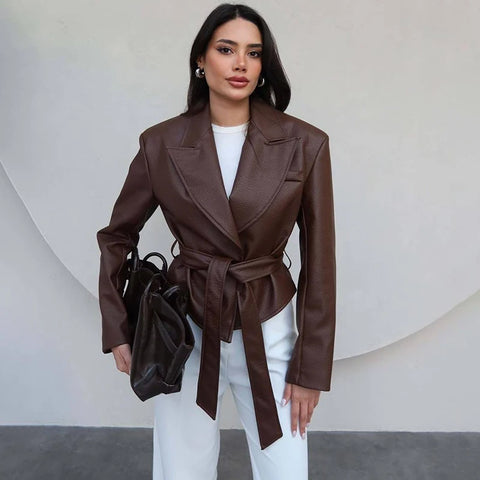 Bandage High Street Leather Jacket Women's Lapel Pocket Long Sleeve Loose Coat Autumn Street Female Clothing