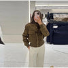 Vintage Cropped Women's Bomber Jacket Coat Faux Suede Stand Collar Short Outerwear High Street Female Casual Work Outfit