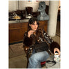 Women Deer Spot Print Faux Fur Cropped Jacket Stand Collar Dark Fur Cuff Button Up Short Coat Vintage Winter Street Outerwear