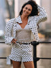 Polka Dot Print Shorts 2 Piece Sets For Women Long Sleeve Patchwork Contrast Jacket Coat And Casual Commute Shorts Suits