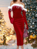 Women Christmas Dress Slim Fuzzy Trim Off Shoulder Long Sleeve Midi Bodycon Dress for Evening Party Club