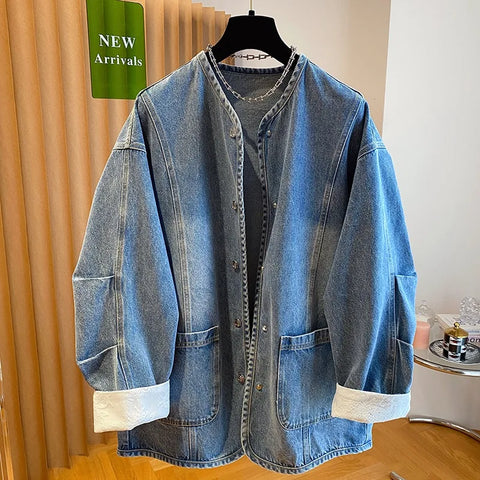 European and American Style Lace-embroidered Casual Denim Coat for Women Spring and Autumn Loose V-neck Coats