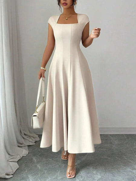 Women Square Neck Midi Dress, Cap Sleeve Fitted Flare Dress Elegant Outfit for Office Party Date