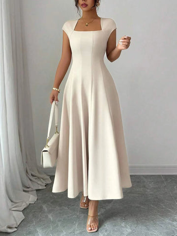 Women Square Neck Midi Dress, Cap Sleeve Fitted Flare Dress Elegant Outfit for Office Party Date