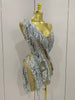 Stock Sparkly Rhinestone Sequins Tassel Mesh One Shoulder Short Dress Women Evening Birthday Party Nightclub Stage Costume