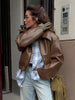 Wine Red Faux Leather Jakcet Outerwear Thicken Zipper Lapel Pu Coats Autumn Winter Streetwear Ladies Tops Women