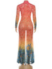 Sexy See Through Dress Women Hollow Hipster Colorful Print Stretch Skinny Midnight Party Clubwear Fishtail Bodycon
