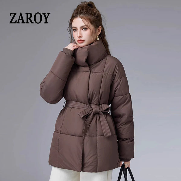 Women Winter Belted Jacket Elegant Stand Collar Windproof Puffer Coat Cotton Padded Thick Warm Snow Parkas Overcoat куртка