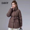 Women Winter Belted Jacket Elegant Stand Collar Windproof Puffer Coat Cotton Padded Thick Warm Snow Parkas Overcoat куртка