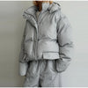Elegant Printed Cotton Jacket Trouser Women's Set Hooded Thicken Zipper Coat Straight Pants Loose Lady Winter Autumn Suit