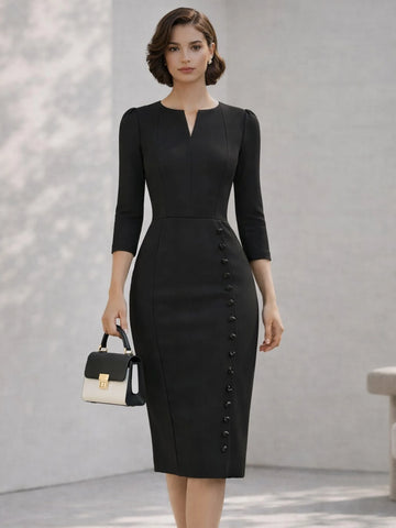 Women’s Elegant V Neck Autumn Solid Color Midi Dress Button Detail Pencil Dress Suitable for Office Work and Business Occasions