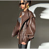 Solid PU Leather Jacket Women Turn-down Collar Zipper Front Puffy Sleeves Stylish Coat Spring Casual Lady Outerwear