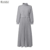 Women's Elegant Chic Maxi Dresses Turtleneck Lantern Sleeves Belted High Waist Pleated Long Dress Korean Style Robe Femme