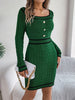 Autumn Winter Casual Elegant Square Collar Button Decoration Knitted Dress Long Sleeve Bodycon Dress for Women