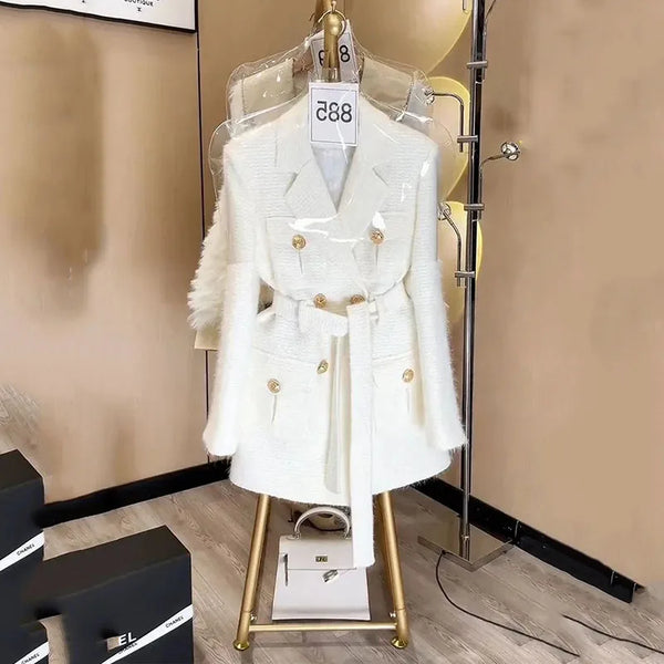Small Fragrance Temperament High Sense Double-breasted Blazer Female Tops Autumn Winter White Lace-up Suit Jacket Women