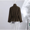 Chic Green Suede Lace Up Jackets Women Loose Stand Collar Belt Long Sleeve Buttons Coats Autumn Winter Lady Outwear