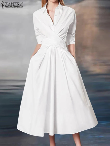 Women Street Crossover Waist Midi Dresses Elegant Long Sleeve Collared Shirtdress Commuting Solid Color Robes