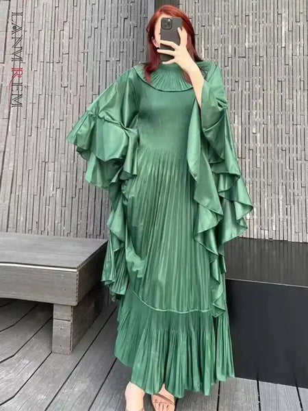 Ruffle Sleeves Pleated Dress For Women Lapel Solid Color Maxi Style Loose Elegant Clothing Spring 2DA2766