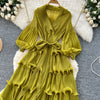 High End Party Ruffles Runway Dresses Women Lantern Sleeve Lace-up Loose Stretch Celebrity Beautiful Long Dress