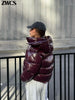 Solid Glossy Zipper Hooded Coats Women's Warm Elastic Waist Pleated Short Cotton Jacket Winter Lady High Street Outwear