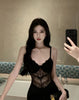 Women Black Lace Slip Dress Sexy Elegant Lady Style Evening Party Dress Slit Long Gown Mature Date Night Ladies Dresses