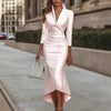 French Women's V-neck Dress Satin Light Elegant Female High Waist Slim Long Sleeve Office Lady Midi Skirt