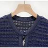 Women Diamond Embellished Sparkling Knitted Dress Hollow Out Elegant Female O-Neck Navy Blue Single Breasted Knit Midi Robe