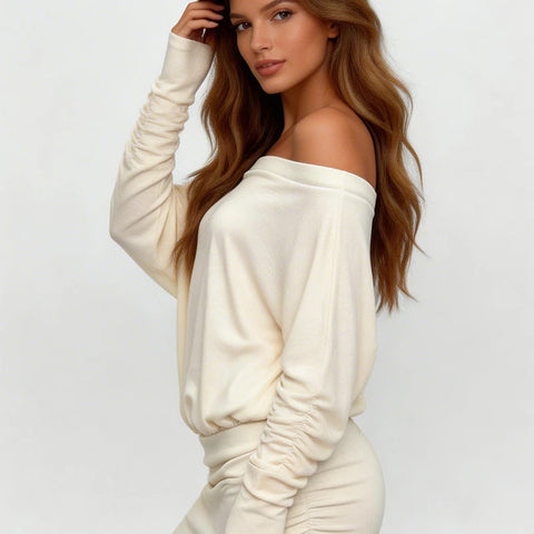 Autumn Girl Off Shoulder Pullover Women's Clothing Solid Color Long Sleeved Loose Casual Slim Pleated Hug Hips Short Dress