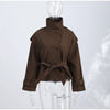 Women's Coats Jacket Double Breasted Belted Cropped Trench Coat Stand Collar Long Sleeve Casual Outerwear For Ladies