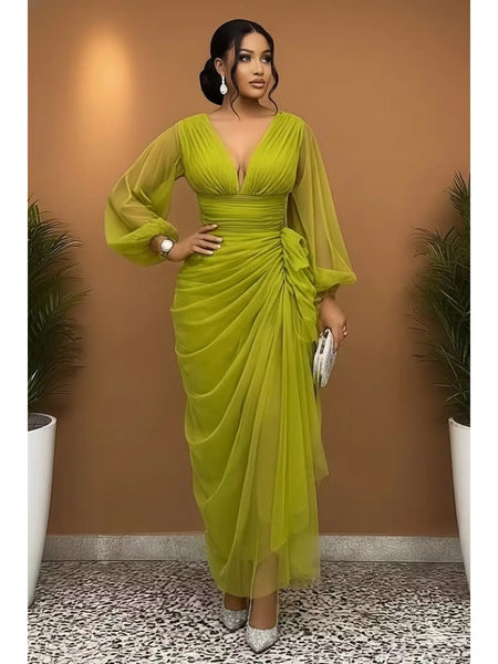 Plus Size Women Tulle Sheer Evening Dress Deep V Neck Puff Sleeve Ruched Waist Mesh Gown Formal Party Wedding Guest Maxi Dresses
