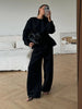 O-neck Waist Cinching Bud Hem Top Pants Suits Women Elegant Long Sleeve Slim Tops Wide Leg Trousers Spring Chic Office Lady Sets