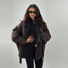 Vintage Faux Fur Patchwork Women Thicken Coat Long Sleeve Belt V-neck Female Outwear Winter Lady Streetwear