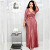 Elegant Women's Long Dress Long Sleeve Bronzing Pleated Dress With Belt High Waist V-neck Party Dresses Robe Femme