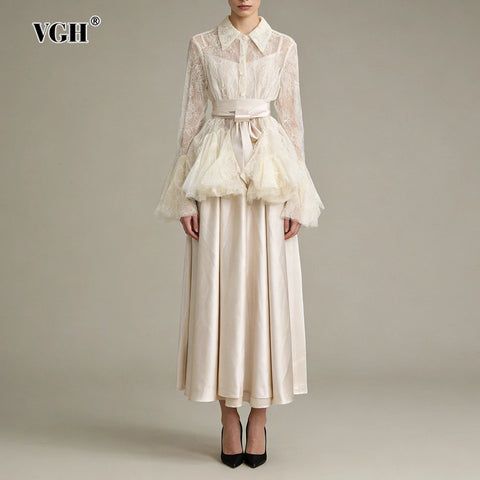 White Two Piece Set for Women Lapel Flare Sleeve Spliced Ruffles Lace Blouse High Waist Simpel Vest Dress Fairy Suit Female