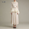 White Two Piece Set for Women Lapel Flare Sleeve Spliced Ruffles Lace Blouse High Waist Simpel Vest Dress Fairy Suit Female