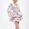 Stylish And Elegant Flower Print Women's Mini Dress Chic V-neck Puff Long Sleeve Double Layer Ruffle Mini Dress Autumn