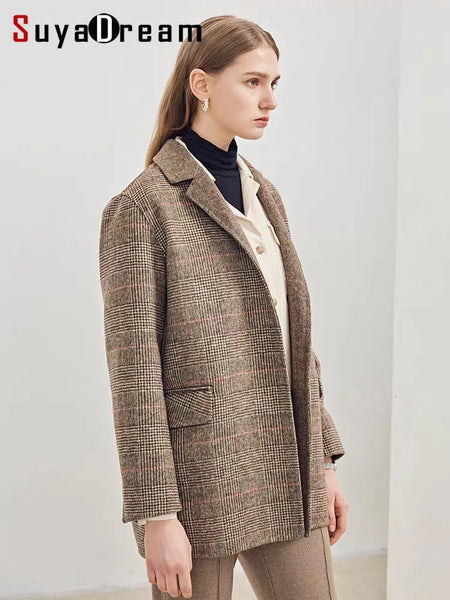 Handmade 90%Wool Women Plaid Blazer Coat Elegant Chic Wool Blend Khaki Blue Winter Coats