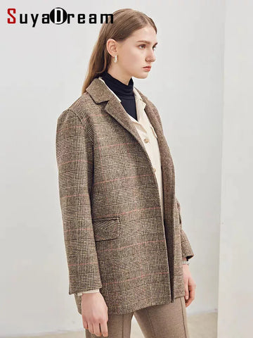 Handmade 90%Wool Women Plaid Blazer Coat Elegant Chic Wool Blend Khaki Blue Winter Coats