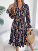 Elegant Floral Print Dresses for Women Autumn Winter Casual V Neck Flare Long Sleeve Ruffled A Line Dress