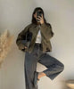 Women Bomber Jackets Suede Texture Coats Turn-down Collar Long Sleeve Loose Vintage Female Outerwear Chic Top Streetwear