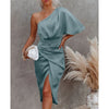 Womens Satin One Shoulder Batwing Sleeve Ruched Bodycon Midi Long Dress Asymmetrical Wrap Front Cocktail Party Dresses