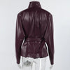 Lady Retro Burgundy Belted Leather Jacket Solid Stand Collar Long-sleeved Cropped Coat Women Daily Street Outerwear