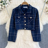 Autumn Dress Suit Women Korean Chic Blue Tweed Jacket + Vest Dress Elegant 2 Piece Set Long Sleeve Cropped Coat