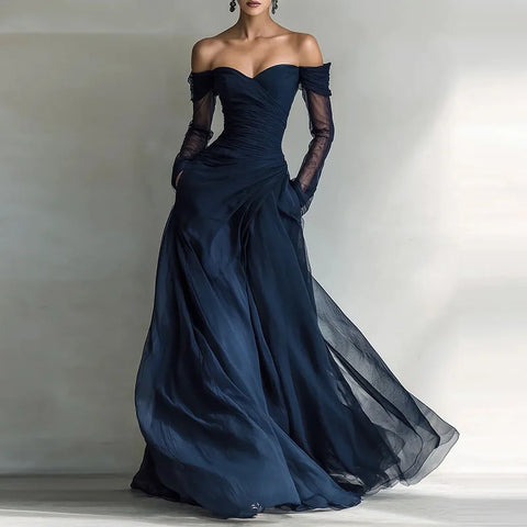 Women's Elegant Mesh Splicing Draped Long Dress Casual Long Sleeve Solid Maxi Dress Sexy Off Shoulder Waist Formal Party Dress