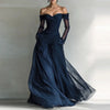 Women's Elegant Mesh Splicing Draped Long Dress Casual Long Sleeve Solid Maxi Dress Sexy Off Shoulder Waist Formal Party Dress