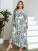 Plus Size Women's Blue-Brown Ethnic Paisley Print V-Neck Half Sleeve Tie Waist Dress