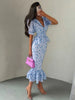 Women White Floral Print Puff Sleeve Blazer Collar Peplum Mermaid Midi Dress Elegant Casual Gown Bridesmaid Wedding Sundress