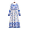 Boho White Blue Totem Print Bow Lacing up Neck Long Straight Dress Women Viscose Cotton Full Sleeve Maxi Robe Holiday