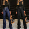 Women Jeans Flare Pants High Waist Streetwear Pockets Buttons Trousers Autumn Female Casual Stretch Denim Floor Length